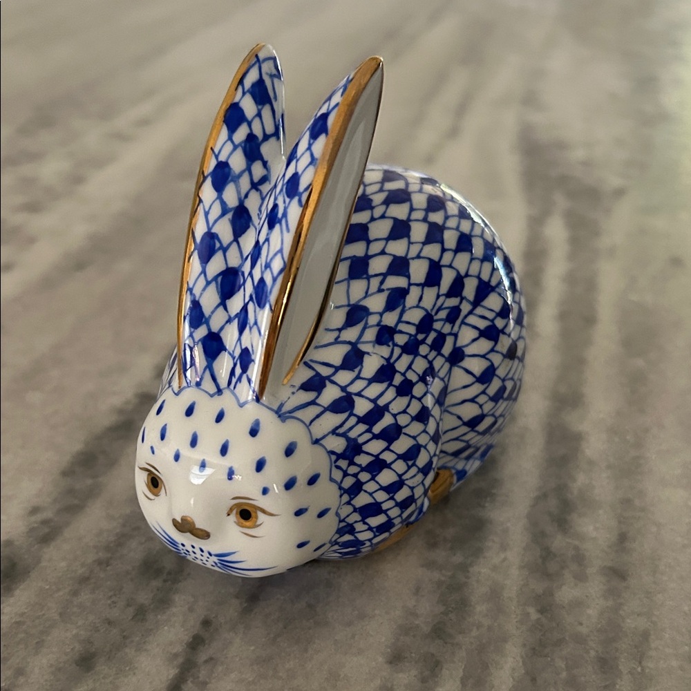 Vintage Fishnet Painted Ceramic Bunny Rabbit Figurine Blue and White and Gold